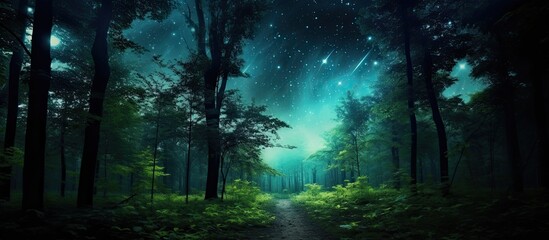 Wall Mural - the serene night features a gentle forest rustle and a celestial dance with a copy space image.