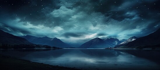 Wall Mural - a scenic night landscape with a majestic galaxy, twinkling stars, towering mountains, and winding tr