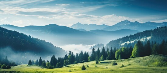 Wall Mural - Scenic view of misty mountains and aligned trees in a captivating landscape with a copy space image.