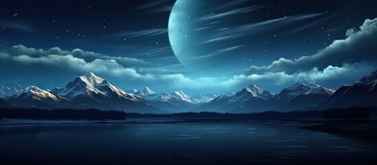 Wall Mural - a scenic night landscape with a majestic galaxy, twinkling stars, towering mountains, and winding tr