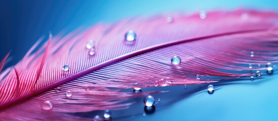 Wall Mural - macro shot of a stunning water droplet on a feather, showcasing light blue and pink hues in a soft a
