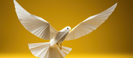 Wall Mural - a peace symbol represented by an origami paper dove against a yellow background with copy space imag
