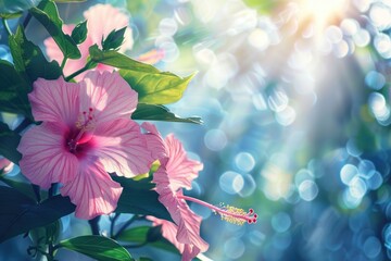 Sticker - Close up of pink flower with green leaves