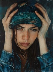 Sticker - Portrait of a Woman Wearing a Blue Denim Bandana