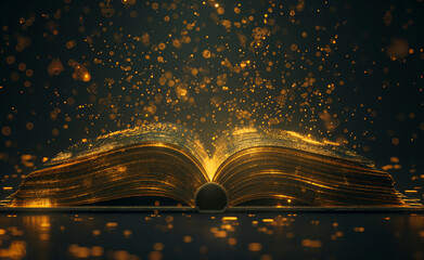 Digital book opening, with glowing golden lines and particles forming educational icons, set against a dark background, with plenty of space for text. 