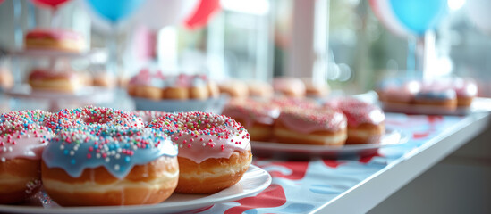 A festive display of donuts decorated with red, white, and blue icing and sprinkles for American Independence Day on a table with a celebratory background