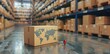 © Boomanoid - Cardboard box with world map in warehouse