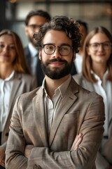 Poster - Portrait of a young professional man wearing glasses and a suit, standing in an office with colleagues in the background