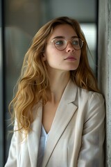 Wall Mural - Portrait of a Woman Wearing Glasses in a White Blazer Looking Away