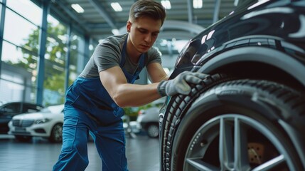 Wall Mural - The mechanic adjusting tires