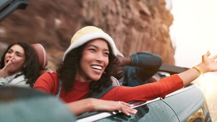 Canvas Print - Friends, freedom or car for road trip, dancing or travel on holiday adventure or group vacation. Happy, diversity and people in vehicle together on journey, destination or tourism as gen z in Spain