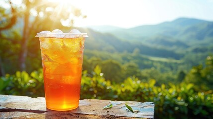 Wall Mural - A new iced tea in a to go cup on a table against a natural backdrop