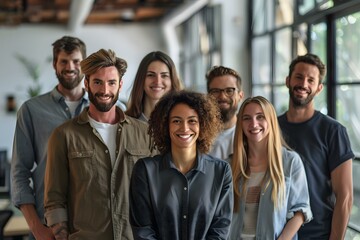 A group of people standing in an office and smiling at the camera