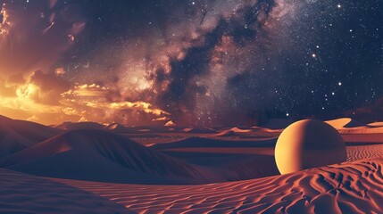 Wall Mural - starry desert night: majestic landscape with glowing sphere under a blanket of stars