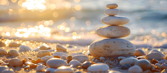 balanced rock pyramid on pebbled beach with golden sea, conveying meditation spa harmony and balance