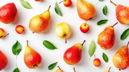 Wall Mural - Top view of vibrant pear fruits in red yellow and green with leaves isolated on a white background for text placement Flat lay design