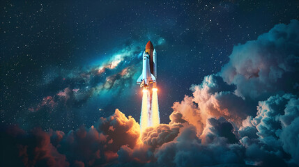 Wall Mural - Rockets launch into space on the starry sky. spacecraft flies into space with clouds of smoke. Elements of this image furnished,Rocket ship startup. Booster design,Rocket starts from abstract ground
