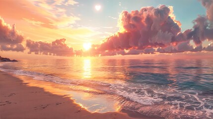 Wall Mural - A serene beach at sunset with calm waves and a pink sky