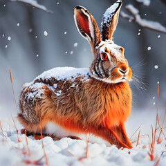 Poster - A cute  happy rabbit in forest    ,snow  around, watercolor style