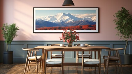 Wall Mural - A couple enjoying a weekend getaway at a cozy mountain cabin, with snow-capped peaks in the distance, capturing the essence of romantic travel. Painting Illustration style, Minimal and Simple,