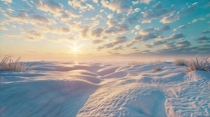 Wall Mural - vast snow-covered field during a beautiful sunset The sky is a mix of blue and orange