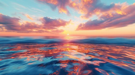 Wall Mural - A vibrant sunset over a calm ocean, the sky's warm colors and the gentle waves creating a stunning mirrored image on the water's surface.