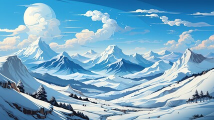 Wall Mural - Friends on a ski trip, hitting the slopes and enjoying the crisp mountain air and the exhilaration of winter sports. Painting Illustration style, Minimal and Simple,
