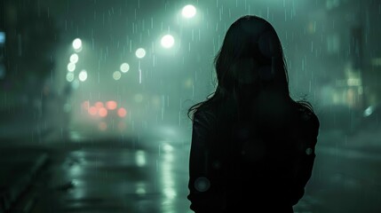 A silhouette of a woman in the rain at night