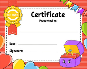 Canvas Print - Certificate template for kids. Colorful school and preschool diploma. With cute character. Vector illustration.