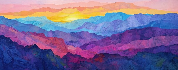 Colorful abstract painting of mountain landscape at sunrise