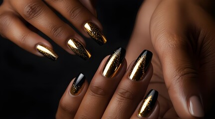 black women hands with perfect manicure gold shiny nail.generative.ai 