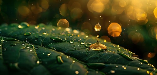 Wall Mural - big water drop on green leaf, beautiful rain drops falling.