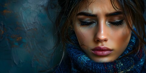 Sticker - portrait of a beautiful woman with blue eyes and brown hair wearing a blue scarf