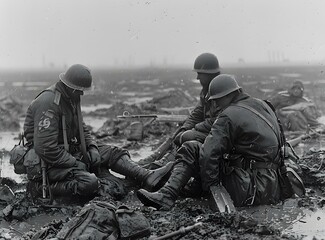 Wall Mural - Three American soldiers in a muddy foxhole during World War II