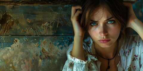 Poster - Portrait of a young woman with blue eyes and long brown hair