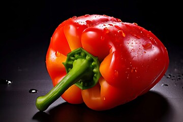 Wall Mural - A red pepper with a green stem is sitting on a black surface