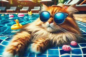 Wall Mural - A cat wearing sunglasses and a hat is laying in a pool