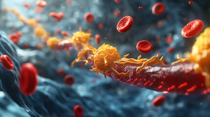 image of cholesterol, including ldl and hdl, symbolic molecules floating in the bloodstream. the imp