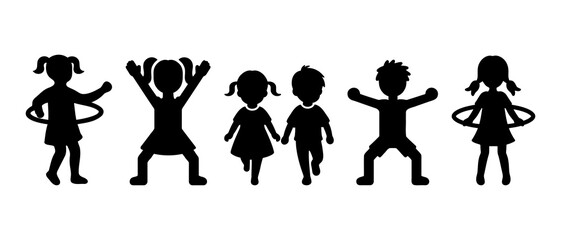 Kids doing various outdoor activities: running, jumping, hopping, hobbies and sports. Children activity silhouette front view black filled vector Illustration icon set collection.