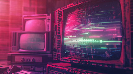 A computer monitor with a blue screen displaying a code. The image has a futuristic and technological vibe, with a cityscape in the background
