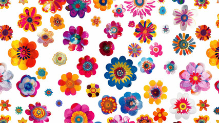 Wall Mural - 
A seamless pattern of vibrant, colorful circular flowers on a white background