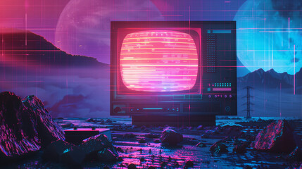A computer monitor with a blue screen displaying a code. The image has a futuristic and technological vibe, with a cityscape in the background