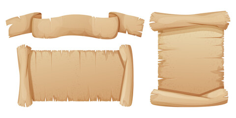 Wall Mural - old parchment paper scrolls, page, aged sheet surface, map, book blank isolated in white backgrund. 
