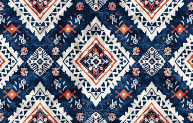 Wall Mural - A seamless pattern with embroidery of tribal geometric designs in navy blue and white colors. 