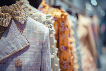 Glamorous vintage women clothes collection on rack in fashion store closeup. Haute couture garment demonstrated in fashionable sewing atelier.