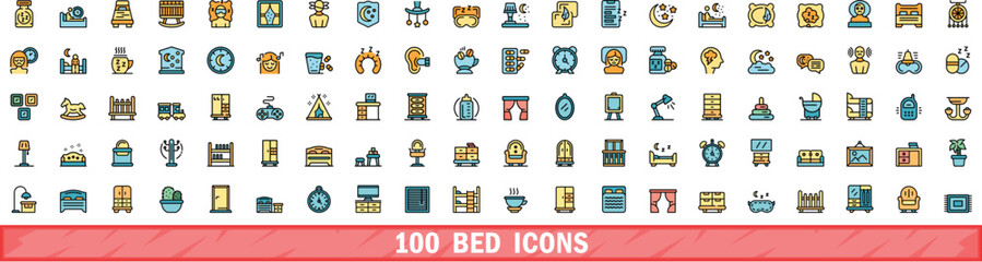 Canvas Print - 100 bed icons set. Color line set of bed vector icons thin line color flat on white