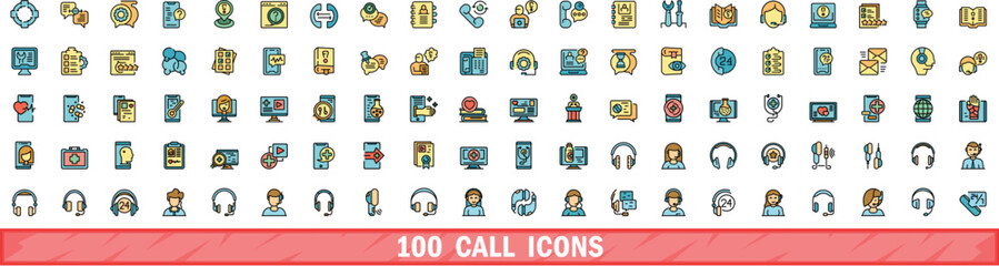 Wall Mural - 100 call icons set. color line set of call vector icons thin line color flat on white