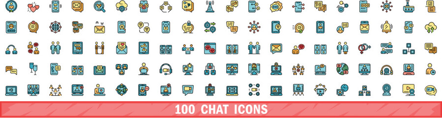 Wall Mural - 100 chat icons set. color line set of chat vector icons thin line color flat on white