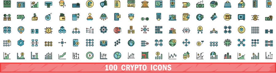 Wall Mural - 100 crypto icons set. color line set of crypto vector icons thin line color flat on white