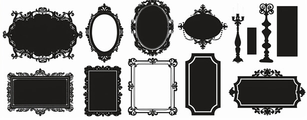 Wall Mural - Black silhouette of various shape labels and frames for framing, isolated on white background,